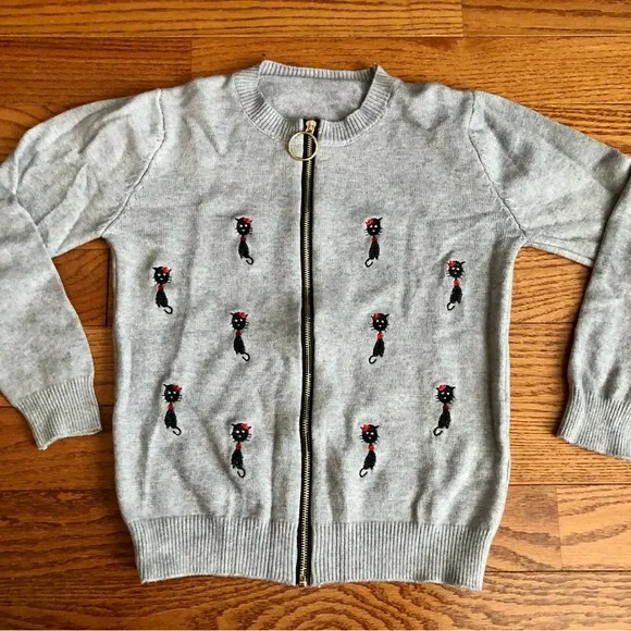 Mozuk Rare Embroidered Cat Motifs Retro Casual Knit Gray Cardigan Women’s Size S - Picture 8 of 9